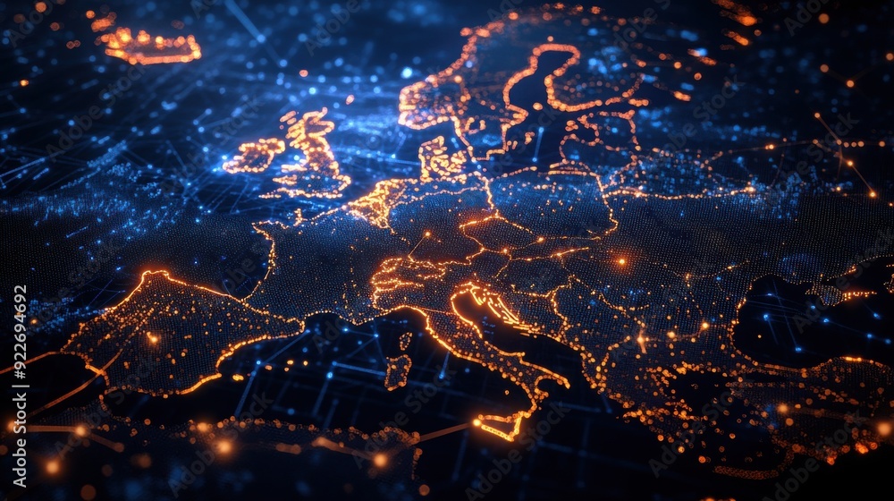 Poster 3d rendering of map of the europe with glowing data points and digital connections, orange blue colo