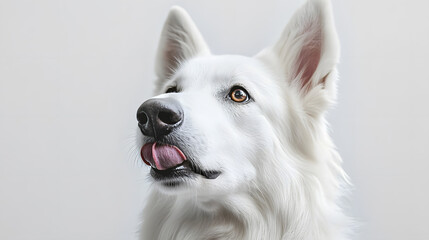 Obraz premium White Swiss Shepherd Dog Portrait Licking Its Nose on White Background
