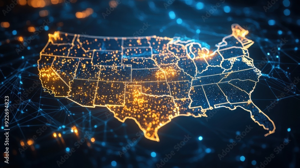 Poster 3d rendering of map with glowing light effect on dark background, concept digital technology and glo