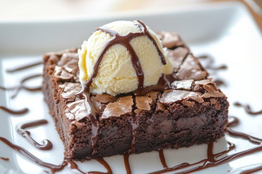 Chocolate brownie with vanilla ice cream and chocolate drizzle