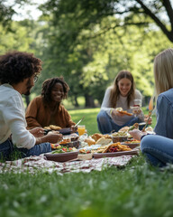 A group of friends enjoying a picnic with reusable plates and utensils in a park