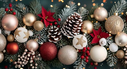Festive Christmas Tree Decorated With Ornaments and Snowflakes in Winter Atmosphere