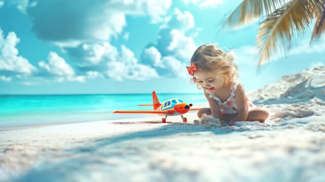 beach, girl, toy, travel, plane, playing, vacation, sunny, palm, trees, childhood, summer, ocean, waves, carefree, fun, sand, tropical, blue, sky, holiday, nature, outdoor, happiness, kid, child, yout