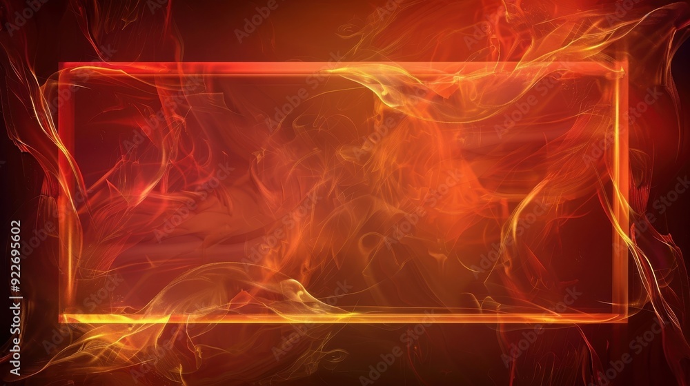 Poster digital artwork depicting a fiery, abstract design with a central rectangular frame