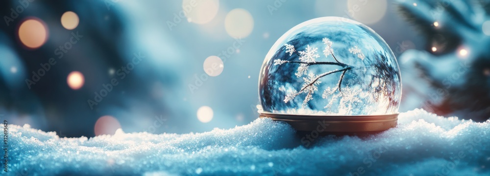 Poster A Snow Globe with a Snowy Tree Branch Inside on a Snow-Covered Surface