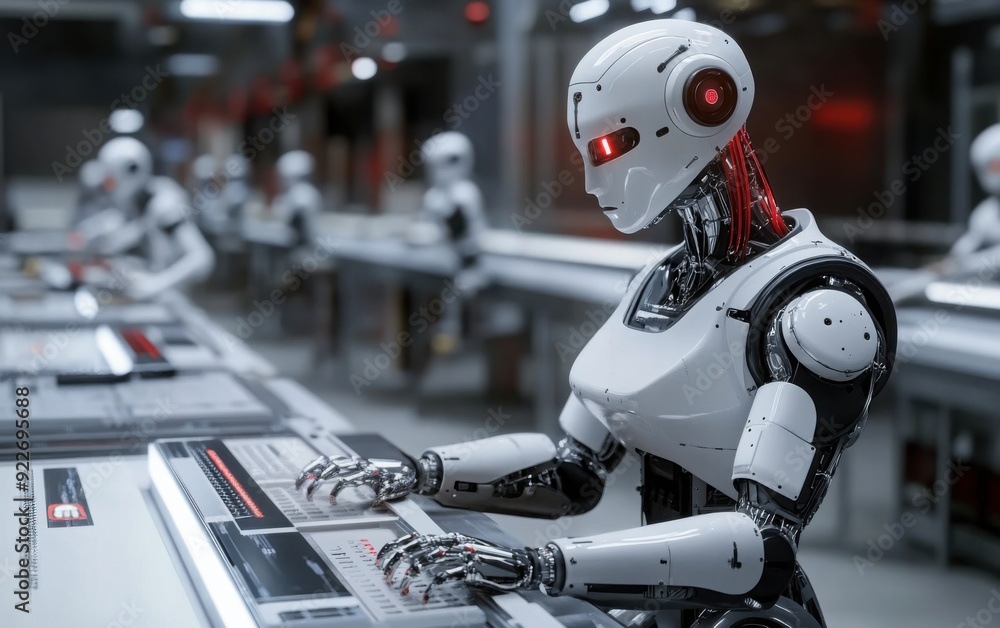 Poster an humanoid robot working on an assembly line in the modern factory, futuristic technology concept