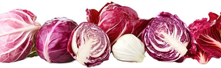 Obraz premium red cabbage and radicchio on a white background, asset sheet for cut out images. 