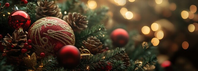 Fototapeta premium Close-up of Red and Gold Christmas Ornaments on a Christmas Tree