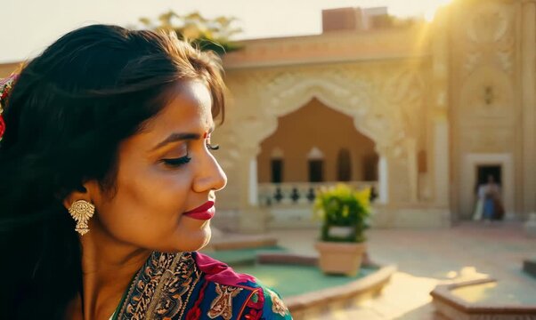 Romantic Moment of a Moroccan Woman in Traditional Kaftan in Serene Courtyard