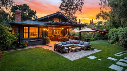 Obraz premium A patio with a couch and chairs in the backyard, AI