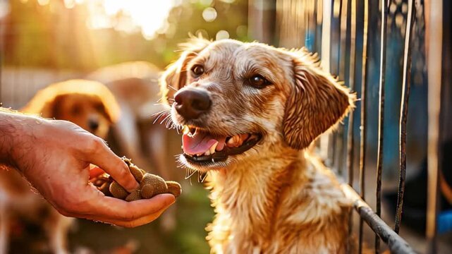 Volunteer feeding animals at an animal shelter. Concept of helping homeless animals.
