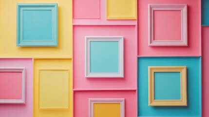 Colorful empty picture frames on a pastel wall