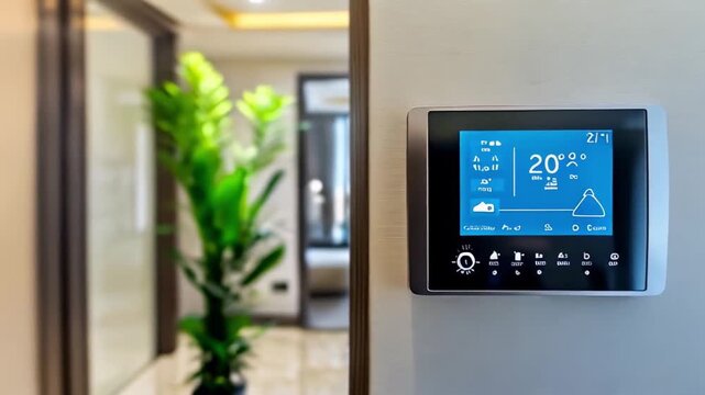 smart home thermostat with digital display set to 21&deg;C. device is mounted on wall in modern home, highlighting various control options for temperature and home automation.system on intelligence screen