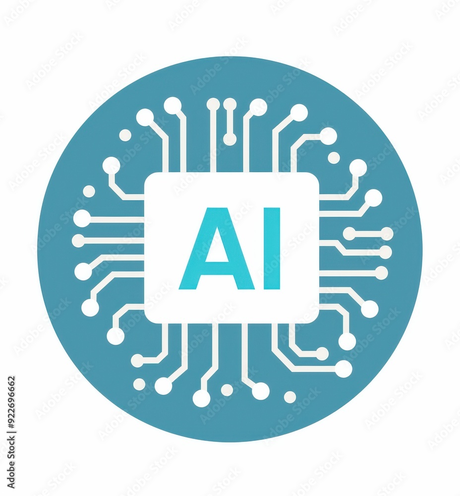 Poster artificial intelligence (ai) symbol with a microchip design on a blue circular background.