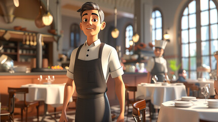 A waiter clearing tables at a busy restaurant. Animated character, C4D model rendering, 3D rendering - Generative AI