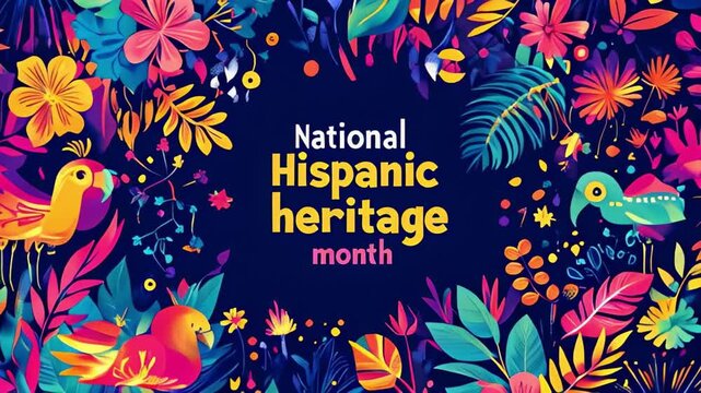 National Hispanic Heritage Month celebration with vibrant floral patterns and traditional Latin American designs against a dark background, highlighting cultural pride.