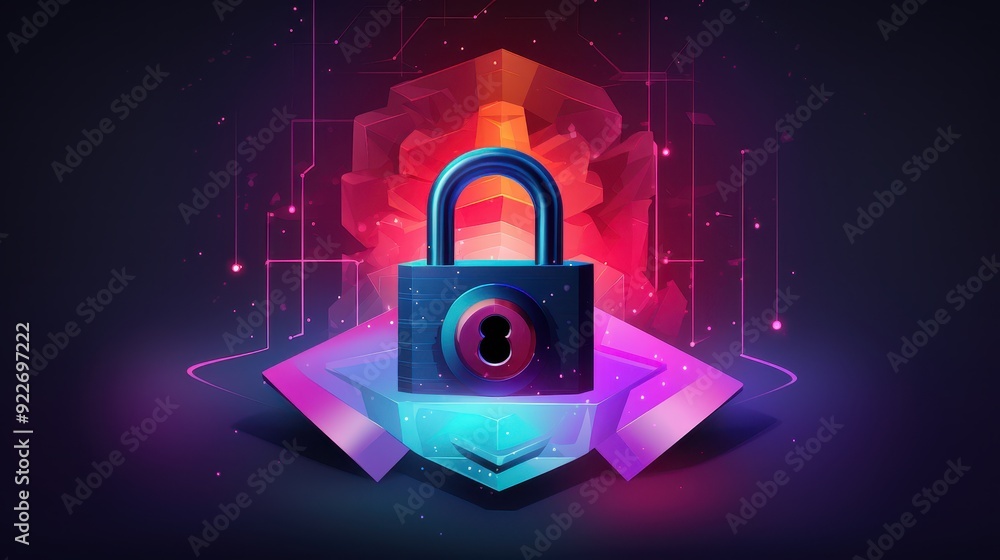 Poster digital padlock on a vibrant abstract background representing cybersecurity and data protection.