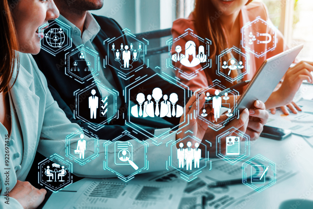 Poster human resources recruitment and people networking concept. modern graphic interface showing professi