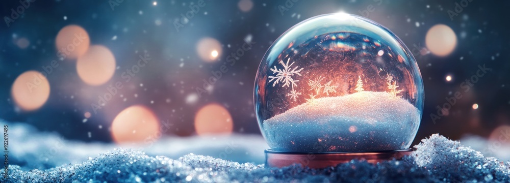 Poster a snow globe filled with a winter scene with glowing lights in the background.