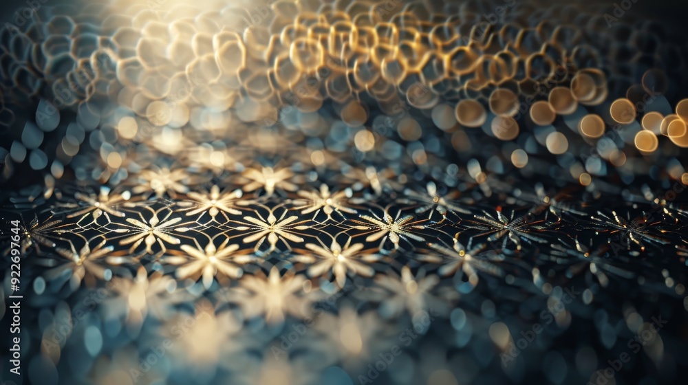 Aufkleber intricate golden patterns on dark surface with blurred lights at twilight