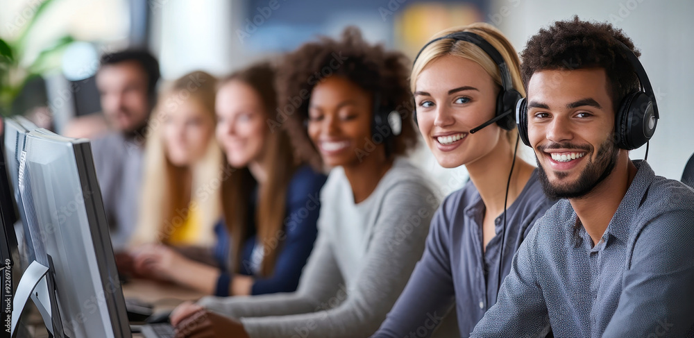 Poster diverse call center support team smiling while assisting customers in modern office environment