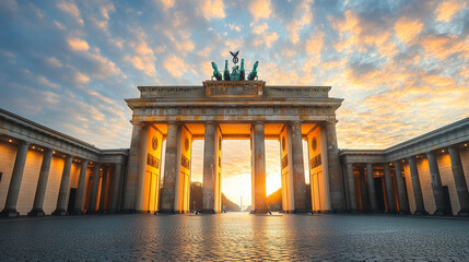 Obraz premium Sunrise at Brandenburger Tor - Iconic Berlin Landmark Illuminated by Golden Morning Light, Capturing Historical Architecture and Tranquil Atmosphere with Clear Sky and Majestic Columns