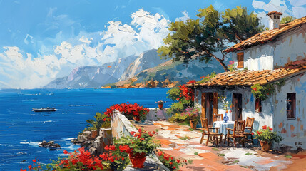 Small restaurant on the Mediterranean Sea, oil painting style,