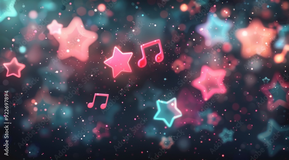 Poster colorful musical notes and stars with bokeh effect in a vibrant background