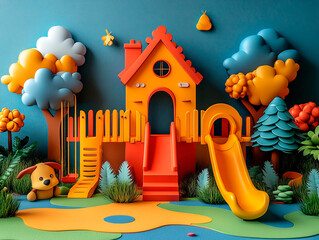 Podium background school playground product display 3D slide stand kids. Back to school podium with playground equipment, swings, and colorful toys, focusing on outdoor activities and socialization.