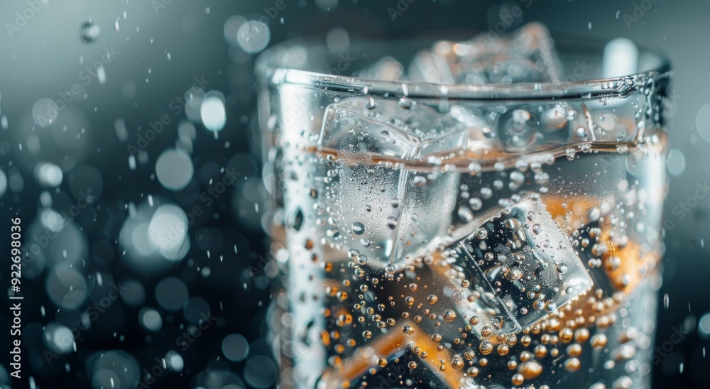 Poster refreshing drink with ice in raindrops on a dark background