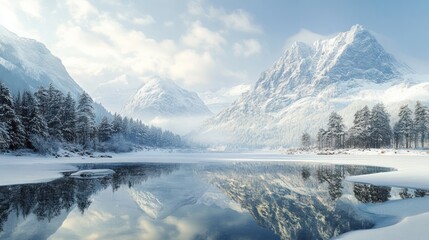 Fototapeta premium Snowy Mountain Range Reflected in a Frozen Lake