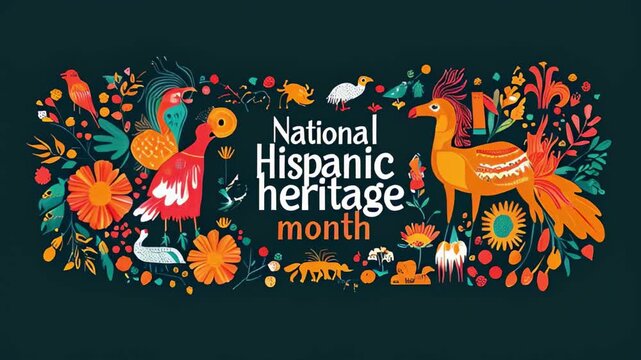 National Hispanic Heritage Month celebration with vibrant floral patterns and traditional Latin American designs against a dark background, highlighting cultural pride.