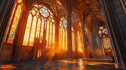 Golden Sunlight Streaming Through Stained Glass Windows in a Cathedral