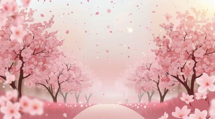 Fototapeta premium Cherry Blossom Pathway in Springtime With Petals Falling in the Breeze