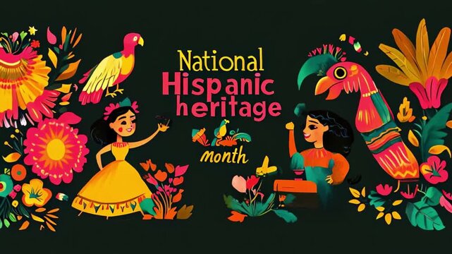 National Hispanic Heritage Month celebration with vibrant floral patterns and traditional Latin American designs against a dark background, highlighting cultural pride.