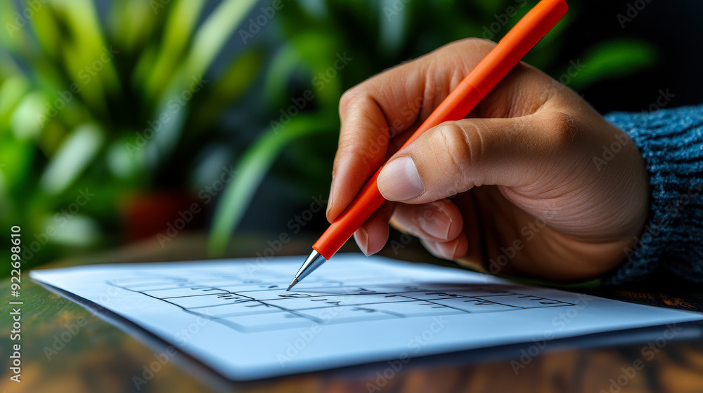 Poster close-up of hand marking checklist with red pen for task management and productivity in home office 