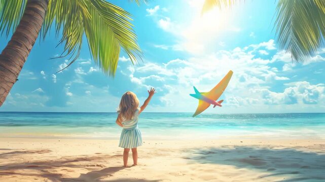 beach, girl, toy, travel, plane, playing, vacation, sunny, palm, trees, childhood, summer, ocean, waves, carefree, fun, sand, tropical, blue, sky, holiday, nature, outdoor, happiness, kid, child, yout