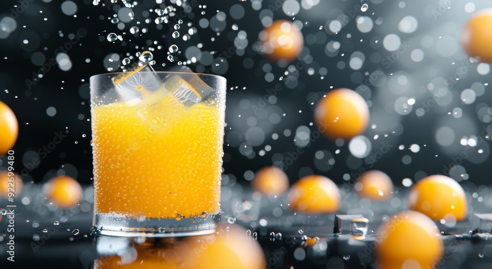 Poster refreshing citrus drink with ice and oranges splashing on dark background