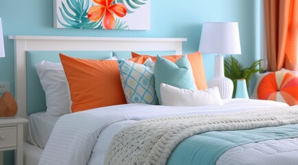 Brightly Decorated Bedroom With Colorful Accents and Floral Artwork