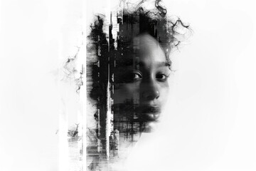 A close-up portrait of a woman's face in black and white, highlighting her facial features