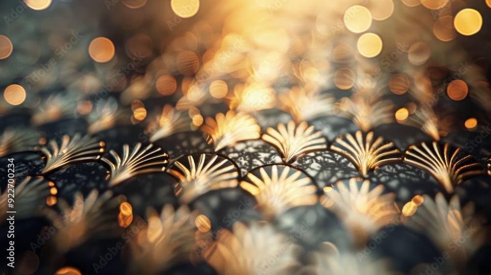 Poster intricate golden patterns on dark surface with blurred lights at twilight