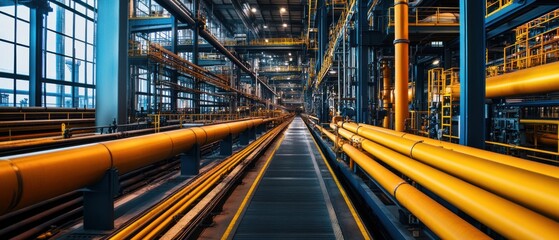 Obraz premium Industrial Interior with Yellow Pipes and Walkway