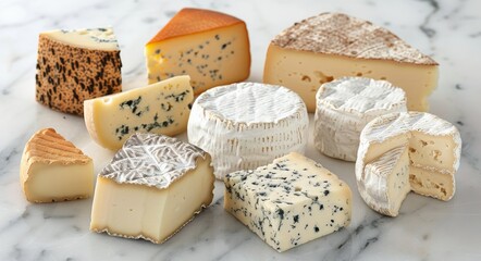 Various Types of Artisan Cheeses Displayed on a Marble Countertop