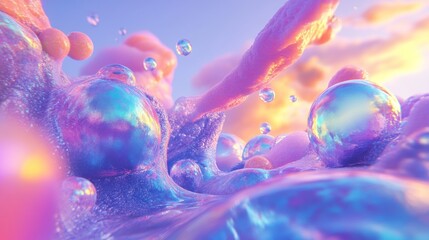 Abstract iridescent bubbles and liquid in a pastel landscape