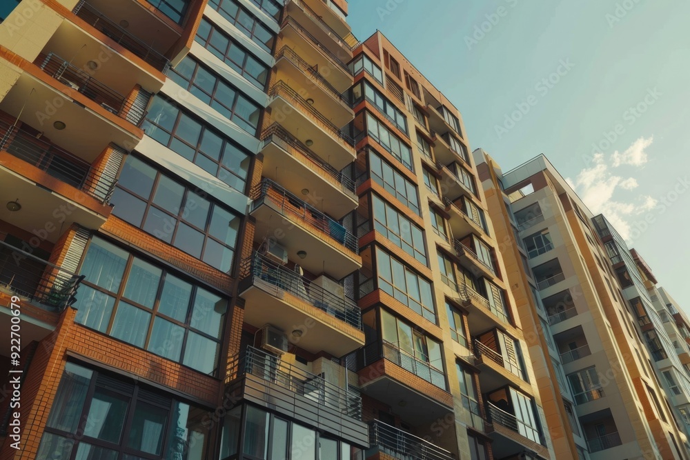 Poster a tall city skyscraper with many windows and balconies, suitable for urban or architecture-related c