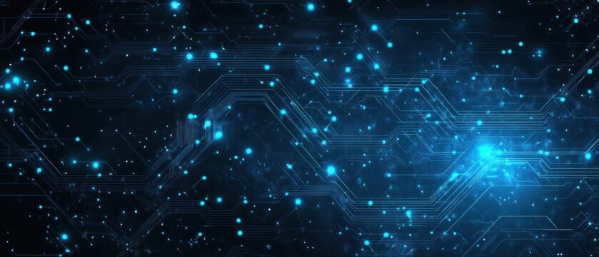 Abstract digital circuit board with glowing blue lines and dots