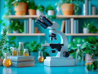 Podium background science lab product display 3D microscope stand school supplies. Back to school podium with a science theme, featuring lab equipment and books, promoting STEM education.