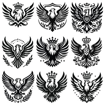 Regal eagle emblem illustrations, black and white, coat of arms, perfect for royal crests.