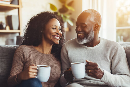 Older African-American couple drinking coffee on a sunny morning, senior lifestyle, copy space