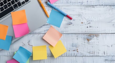 Colorful Sticky Notes and Laptop on Wooden Desk With Notepad